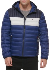 Tommy Hilfiger Men's Quilted Color Blocked Hooded Puffer Jacket - Red Combo