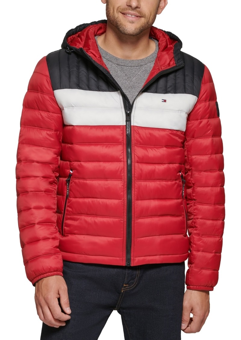Tommy Hilfiger Men's Quilted Color Blocked Hooded Puffer Jacket - Red Combo