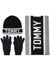 Tommy Hilfiger Men's Racing Stripe Scarf, Logo Cuff Hat & Gloves Set - Black, Heather Gey, Snow White