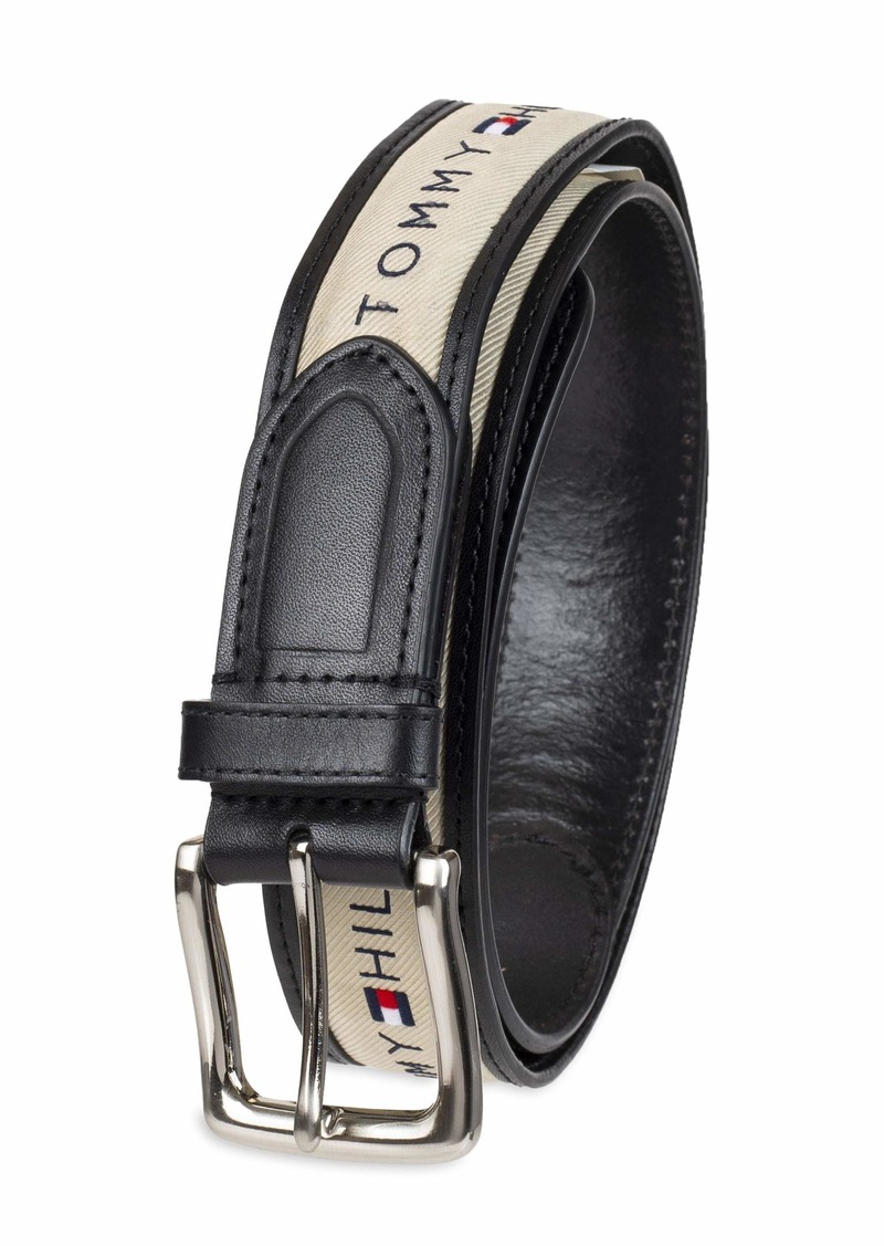 Tommy Hilfiger Men's Ribbon Inlay Belt - Ribbon Fabric Design with Single Prong Buckle black/natural