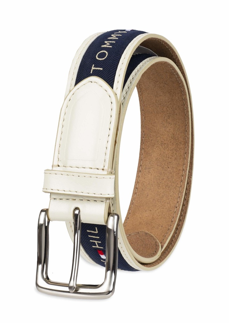 Tommy Hilfiger Men's Ribbon Inlay Belt - Ribbon Fabric Design with Single Prong Buckle cream/medium navy