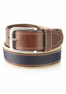 Tommy Hilfiger Men's Ribbon Inlay Fabric Belt with Single Prong Buckle