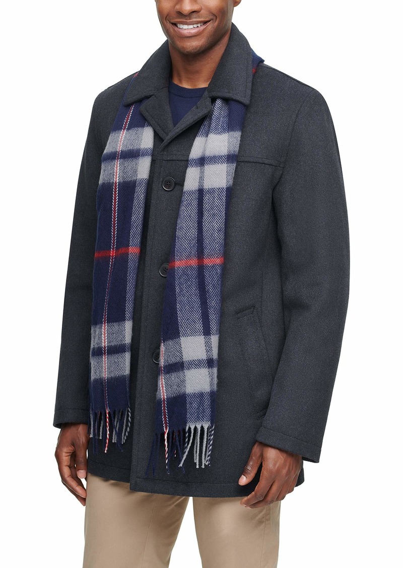 Tommy Hilfiger Men's Size Tall Wool Melton Walking Coat with Detachable Charcoal/Tan Check Scarf