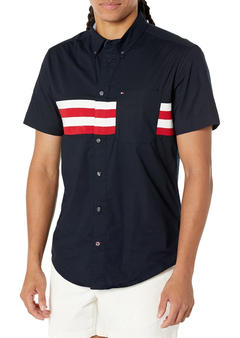 Tommy Hilfiger mens Slim Fit Double Stripe Short Sleeve Button Down Shirt   US