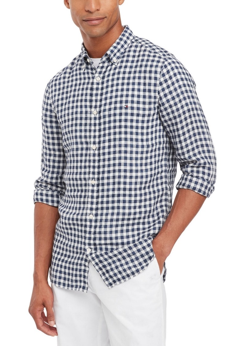 Tommy Hilfiger Men's Slim-Fit Gingham Check Button-Down Linen Shirt - Carbon Navy / Calico