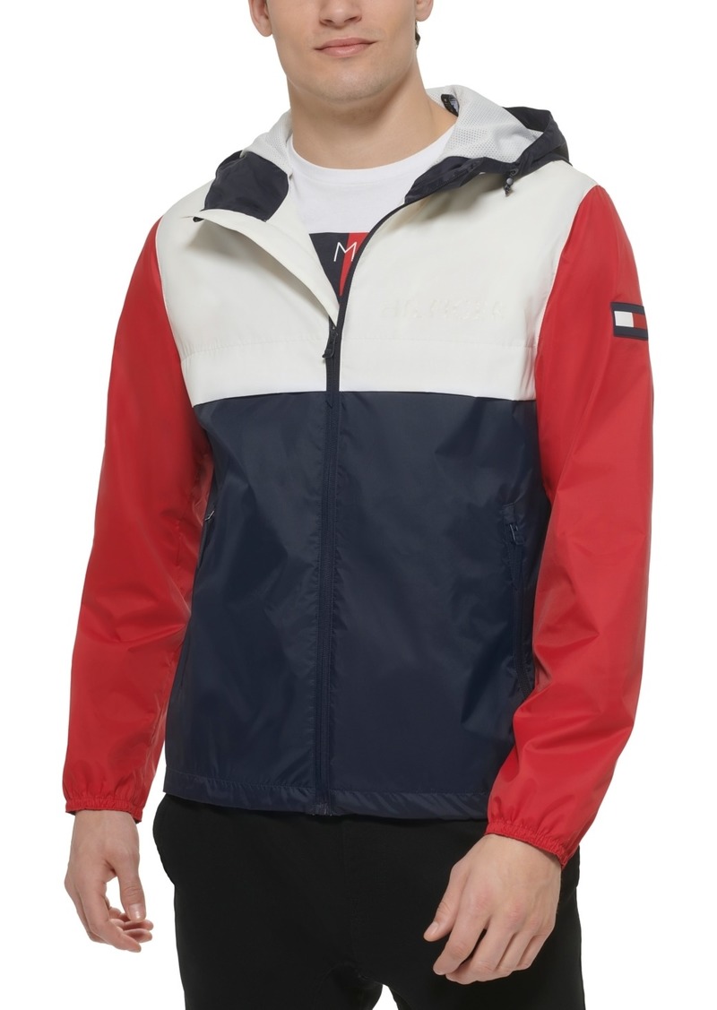 Tommy Hilfiger Men's Stretch Hooded Zip-Front Rain Jacket - Midnight/Buff/Red