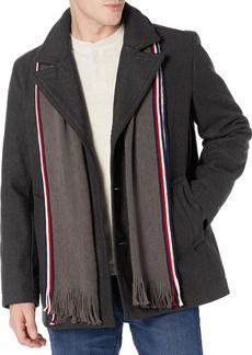 Tommy Hilfiger Men's Wool Melton Classic Double Breasted Peacoat Charcoal w. -Scarf