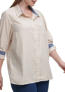 Tommy Hilfiger Women's Plus Roll Tab Shirt TAN Combo