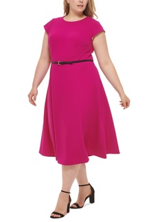 Tommy Hilfiger Plus Size Cap-Sleeve Belted Fit & Flare Dress - Wineberry