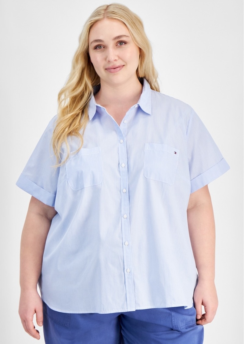 Tommy Hilfiger Plus Size Cotton Striped Camp Shirt - Cornflower Blue/White