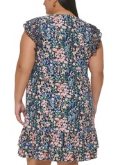 Tommy Hilfiger Plus Size Floral-Print Flutter-Sleeve Dress - Sky Cap/pe