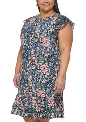 Tommy Hilfiger Plus Size Floral-Print Flutter-Sleeve Dress - Sky Cap/pe
