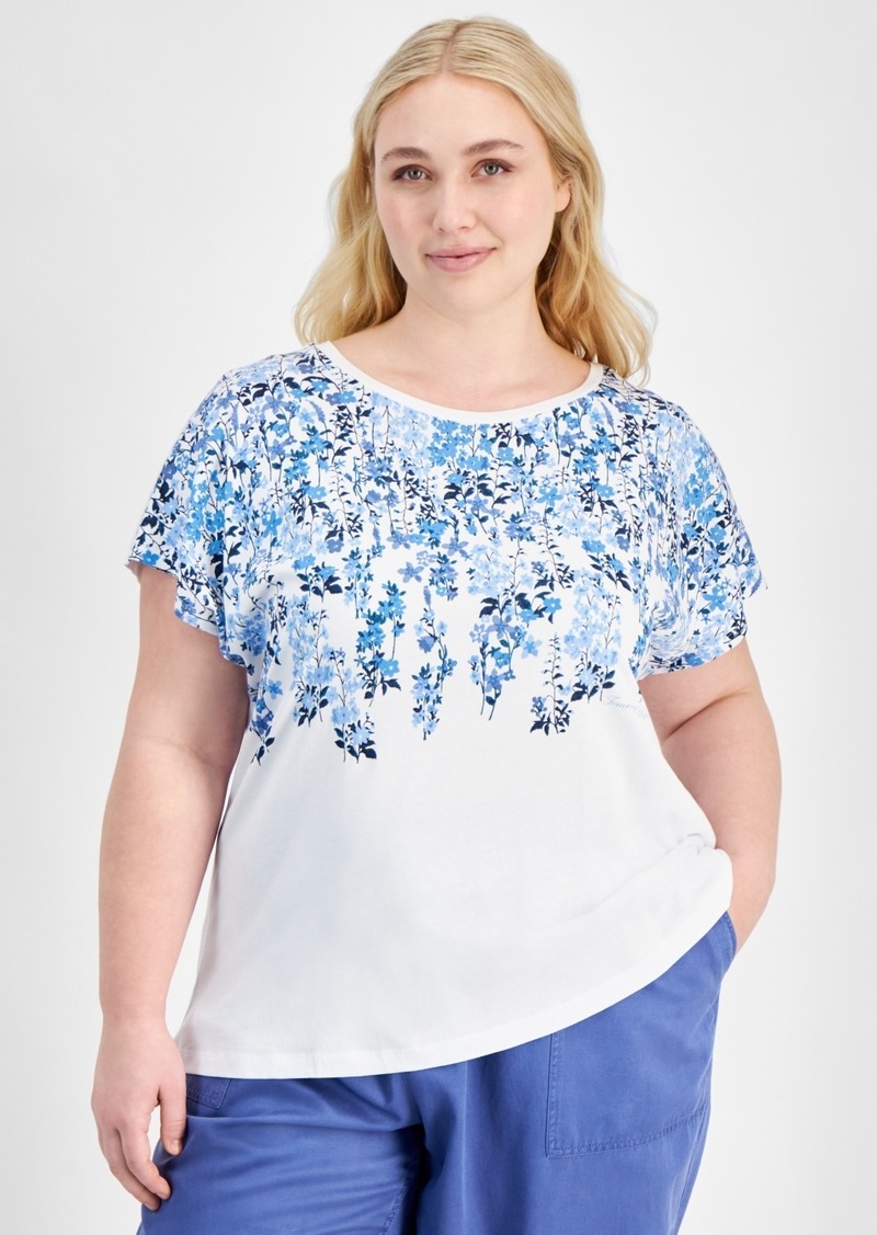 Tommy Hilfiger Plus Size Floral-Print Pullover Top - Bright White/Breeze Multi