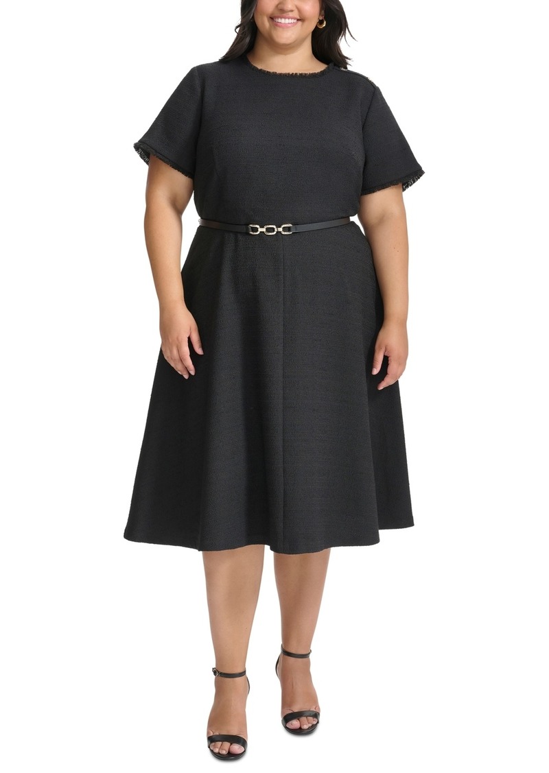 Tommy Hilfiger Plus Size Fringe-Trim Belted Fit & Flare Dress - Black