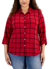 Tommy Hilfiger Plus Size Plaid Roll-Tab-Sleeve Button-Down Knit Shirt - Chili Pepper/Sky Captain