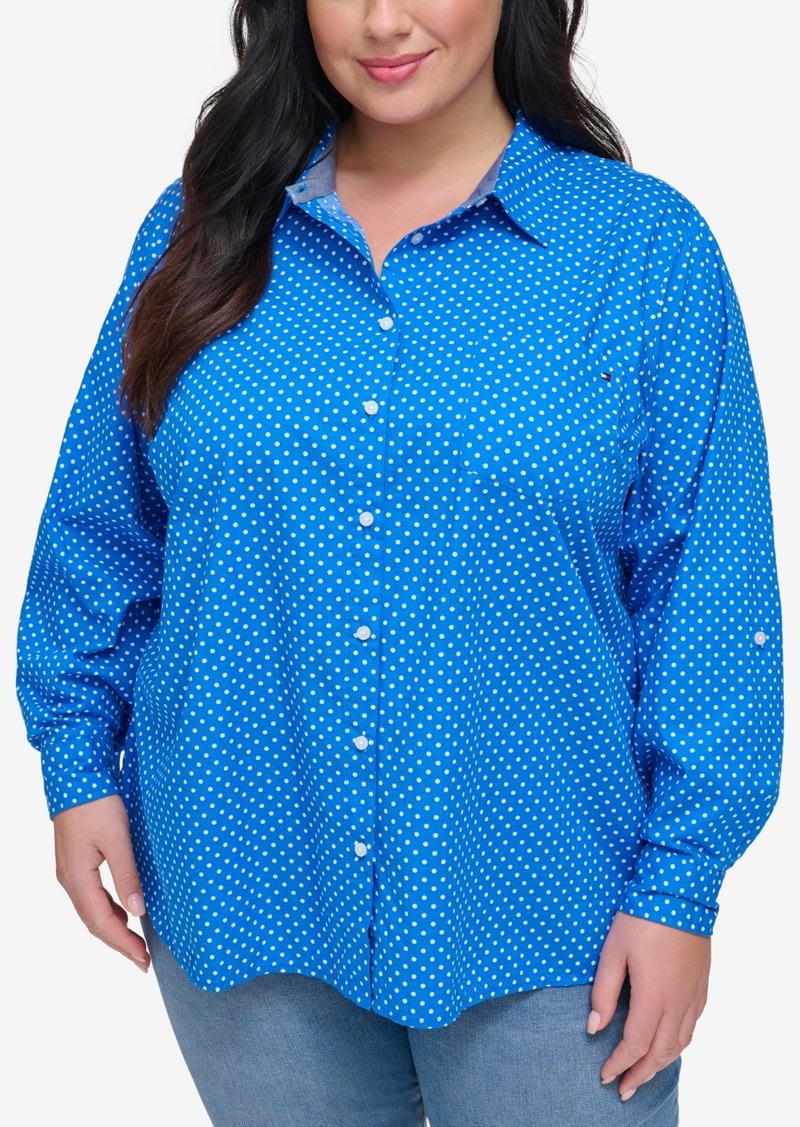 Tommy Hilfiger Plus Size Printed Cotton Utility Shirt - Cerulean Multi