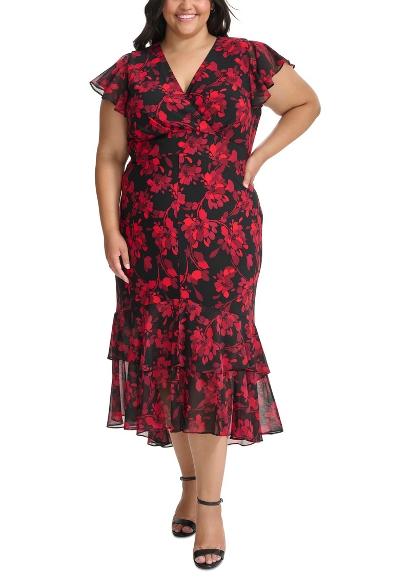 Tommy Hilfiger Plus Size Printed V-Neck Flutter-Sleeve Dress - Chil Peppe