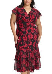 Tommy Hilfiger Plus Size Printed V-Neck Flutter-Sleeve Dress - Chil Peppe