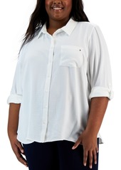 Tommy Hilfiger Plus Size Roll-Tab-Sleeve Button-Down Emblem Shirt - Sky Captain