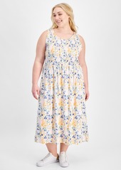 Tommy Hilfiger Plus Size Smocked-Bodice Floral-Print Dress - Ivory Multi