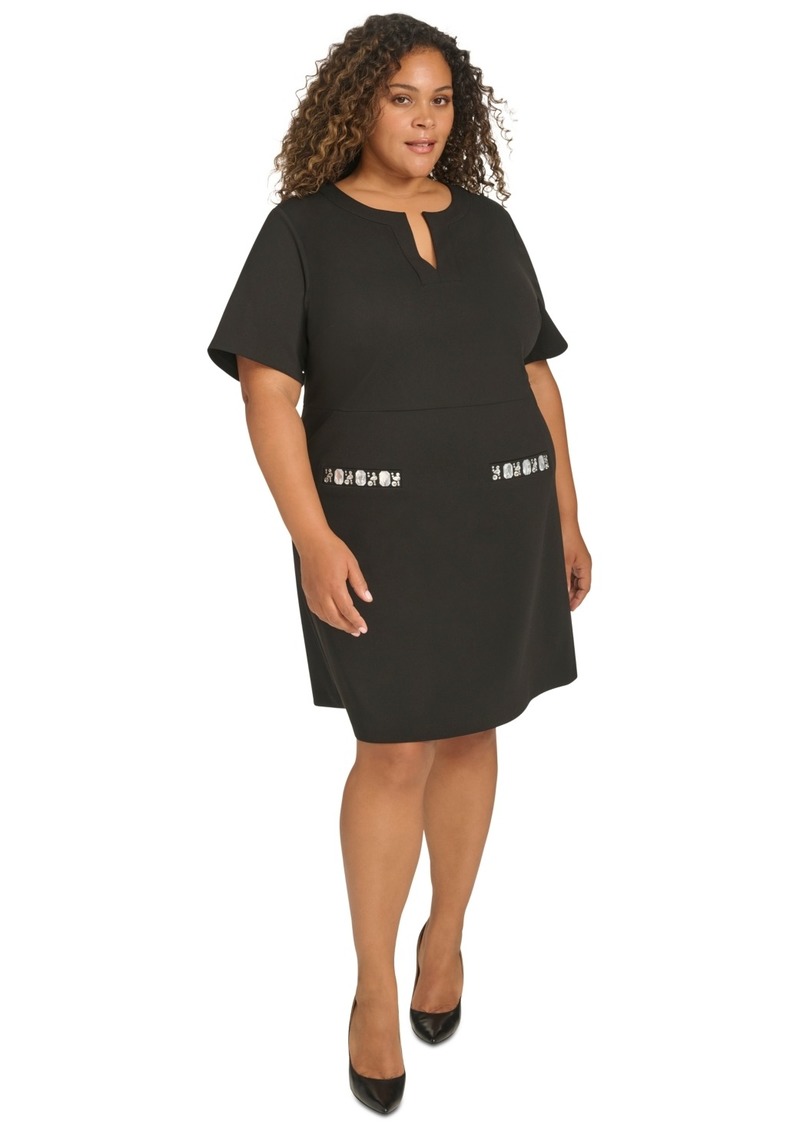 Tommy Hilfiger Plus Size Split-Neck Beaded-Pocket Dress - Black