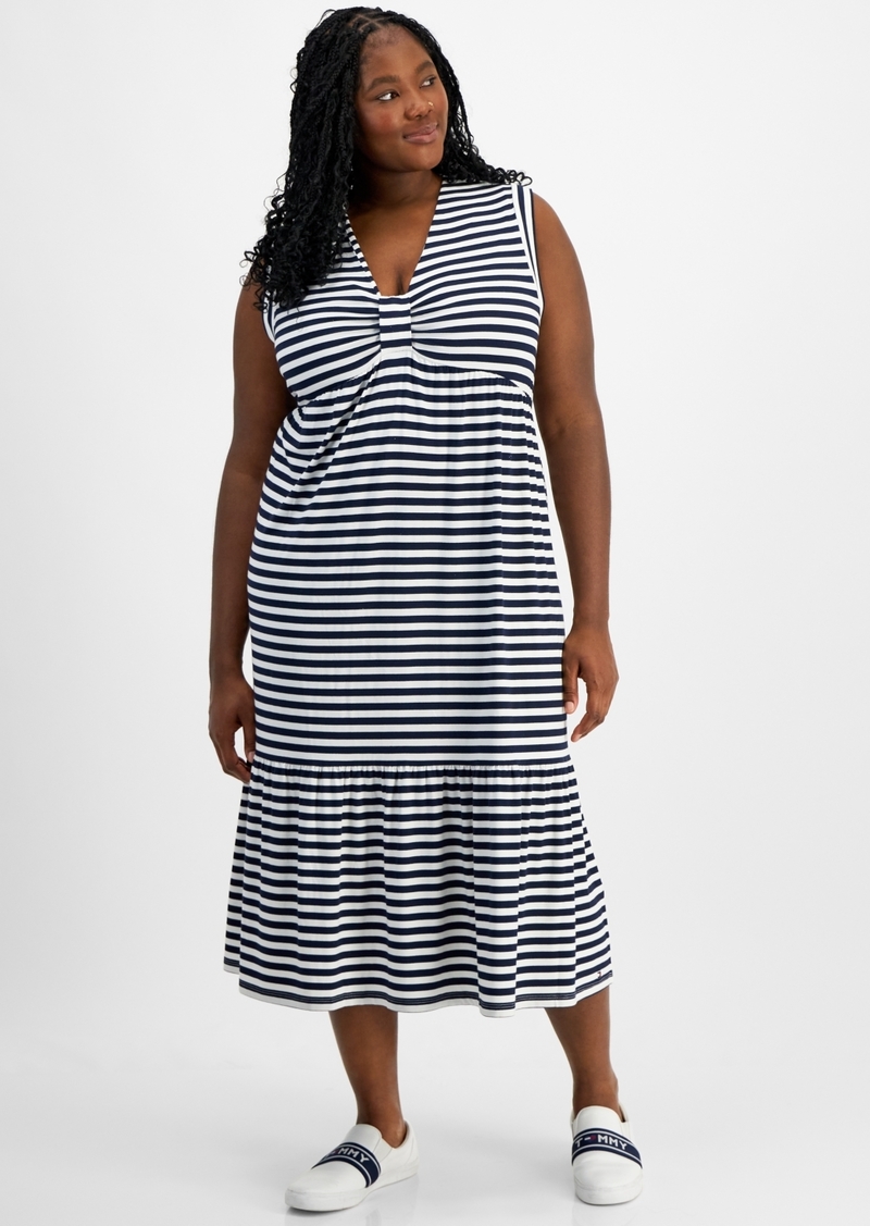 Tommy Hilfiger Plus Size Striped Sleeveless Midi Dress - Sky Captain/Ivory