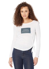 Tommy Hilfiger womens Tommy Hilfiger Women's Adaptive Logo Long Sleeve Tie T-shirt With Wide Neck Opening T Shirt   US