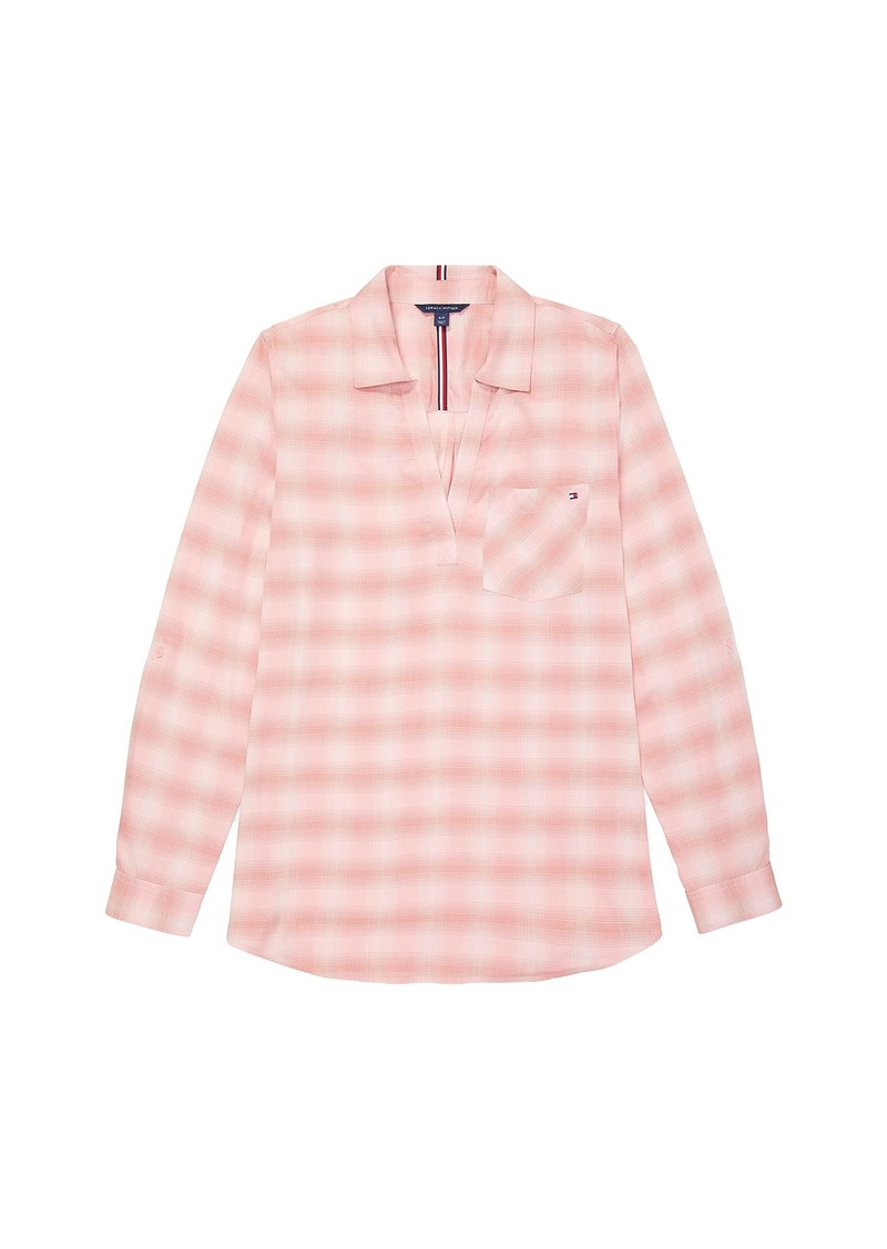 Tommy Hilfiger womens Adaptive Popover Shirt With Wide Neck Opening Blouse Glacier Pink Multi  US