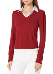 Tommy Hilfiger Women's Attached Woven Ribbed Vneck Shirt Top