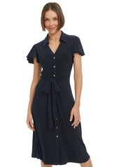 Tommy Hilfiger Women's Button-Front Tie-Waist Flutter-Sleeve Dress - Sky Capt