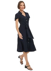 Tommy Hilfiger Women's Button-Front Tie-Waist Flutter-Sleeve Dress - Sky Capt