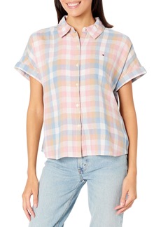Tommy Hilfiger Women's Camp Short Sleeve Linen Blend Woven Shirt