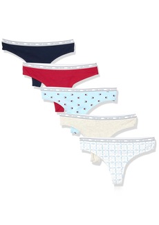 Tommy Hilfiger Women's Classic Cotton Logoband Thong Panties 5 Pack NameGridMulti/IceHthrGry/SkyCapt/TngoRed/VintgeLogoFlag/NantcktBrz