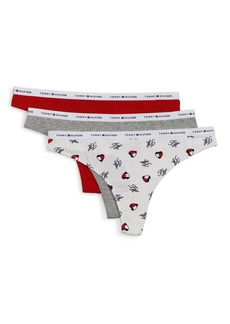 Tommy Hilfiger Women's Classic Cotton Logoband Thong 3 Pack Hearts Logo/Th'S White/Grey/Red XL