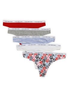 Tommy Hilfiger Women's Classic Cotton Logoband Thong 5 Pack Tattoo/White/Th Calligraphy/Heather/Red XL