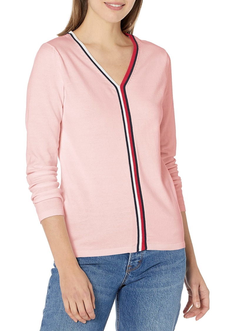 Tommy Hilfiger Womens Pullover Sweaters BAL - Ballet Pink Split Label-Trim V-Neck Sweater