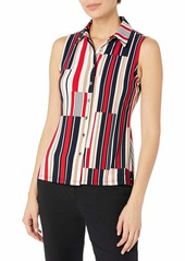 Tommy Hilfiger Women's Collared -Button Front Sleeveless -Knit Top IVORY/MIDNIGHT SMALL
