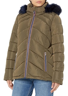 Tommy Hilfiger Women's Contrast Zipper Fur Hood Short Puffer Jacket