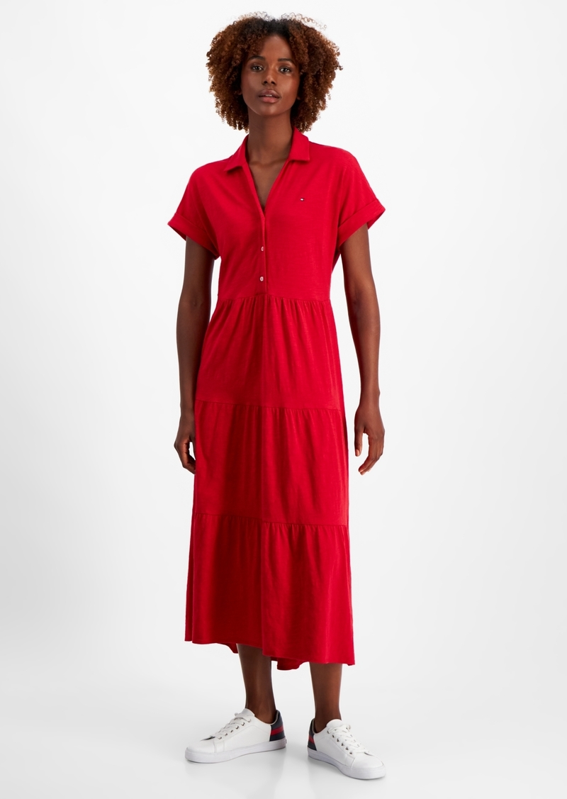 Tommy Hilfiger Women's Cotton Collared Tiered Maxi Dress - Chili Pepper