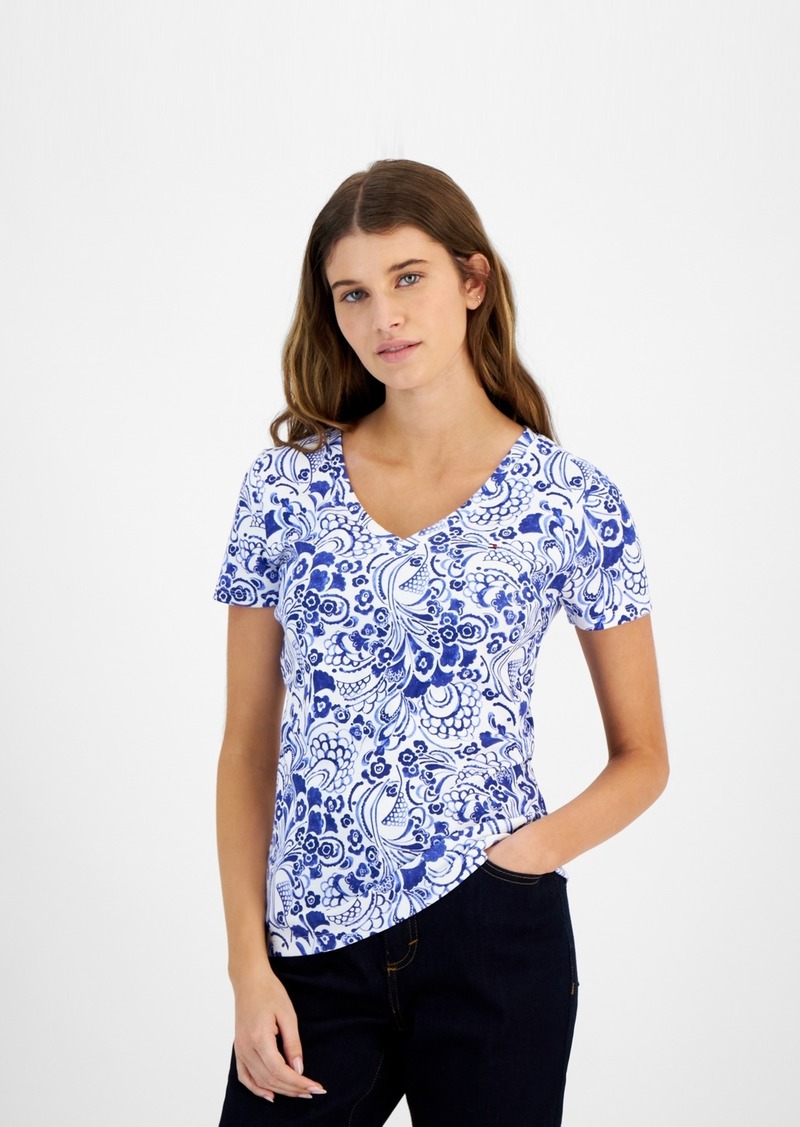 Tommy Hilfiger Women's Cotton Floral-Print V-Neck Top - Prov Multi