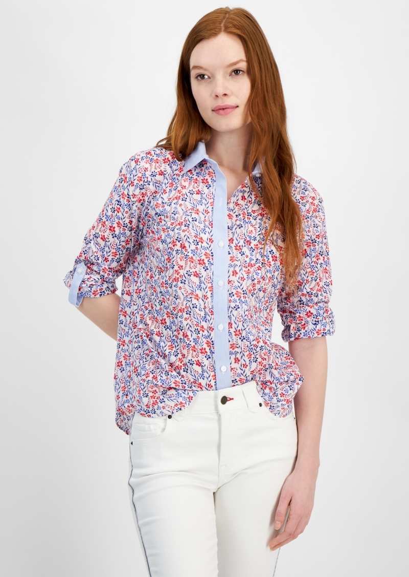 Tommy Hilfiger Women's Cotton Floral Roll-Tab Shirt - Brtwht/sca