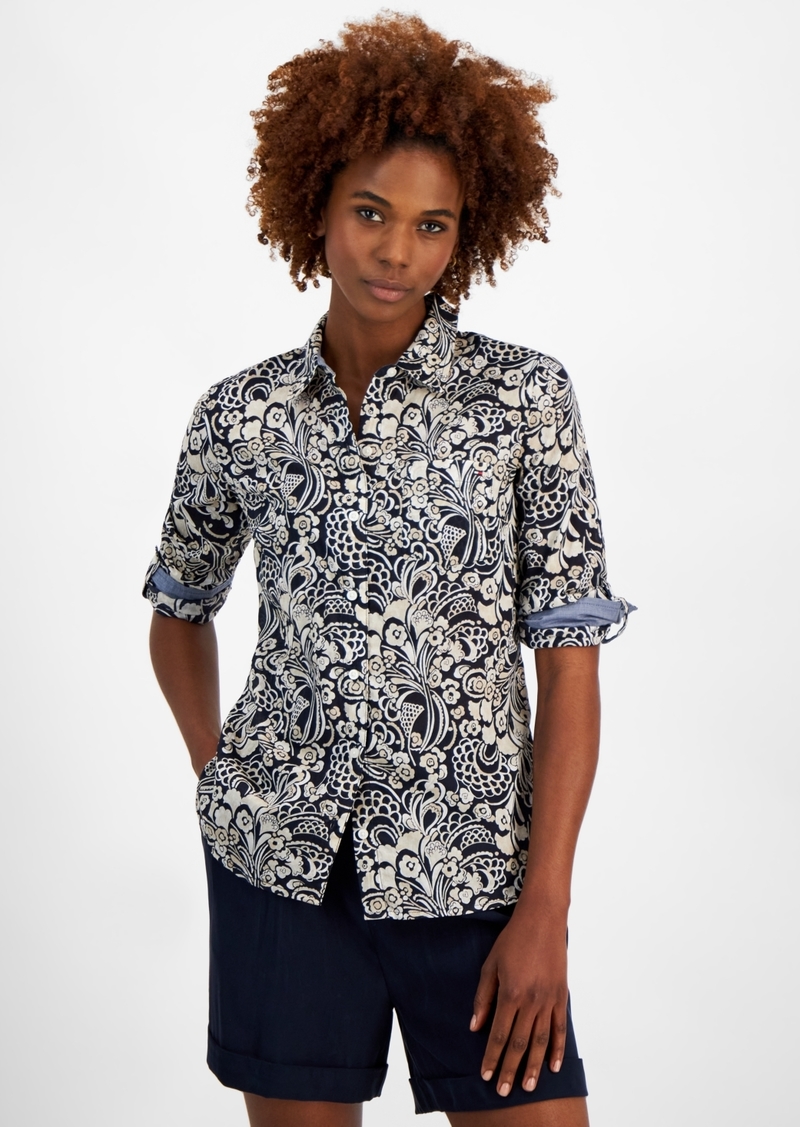 Tommy Hilfiger Women's Cotton Paisley Roll-Tab Shirt - Sky Cap/br