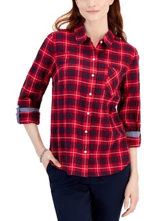 Tommy Hilfiger Women's Cotton Plaid-Print Button-Front Shirt - Chili Pepper Multi