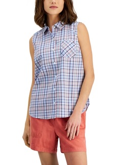 Tommy Hilfiger Women's Cotton Plaid Sleeveless Shirt - Ahoy Plaid- Blue Multi