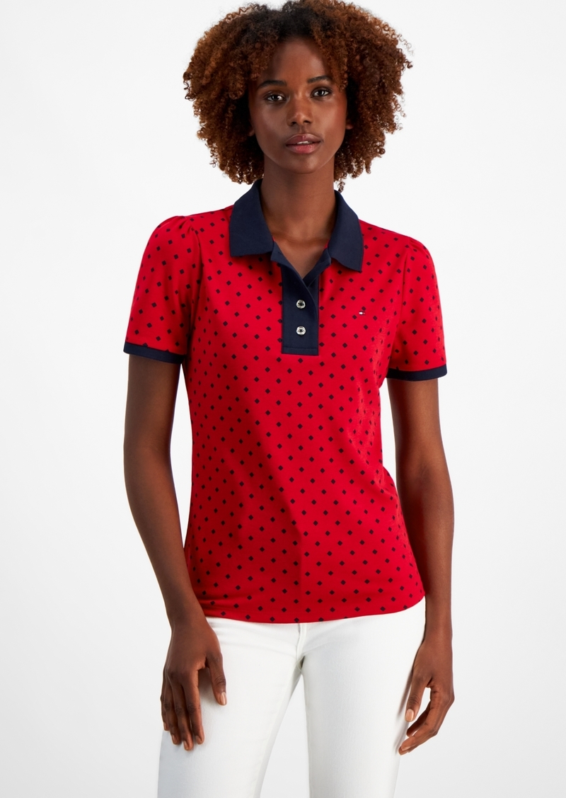 Tommy Hilfiger Women's Cotton Printed Puff-Sleeve Polo - Chili Multi