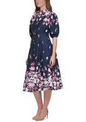 Tommy Hilfiger Women's Cotton Puff-Sleeve Floral Midi Dress - Sky Capt Multi
