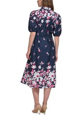 Tommy Hilfiger Women's Cotton Puff-Sleeve Floral Midi Dress - Sky Capt Multi