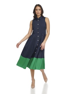 Tommy Hilfiger Women's Cotton Sateen Fabric Sleeveless Midi Shirt Dress