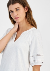 Tommy Hilfiger Women's Cotton Split-Neck Puff-Sleeve Top - Brt White