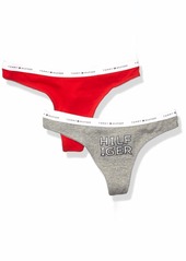 Tommy Hilfiger Women's Cotton Stretch Thong Underwear Panty Outlined Placement Logo Print Heather Grey Apple Red-2 Pack